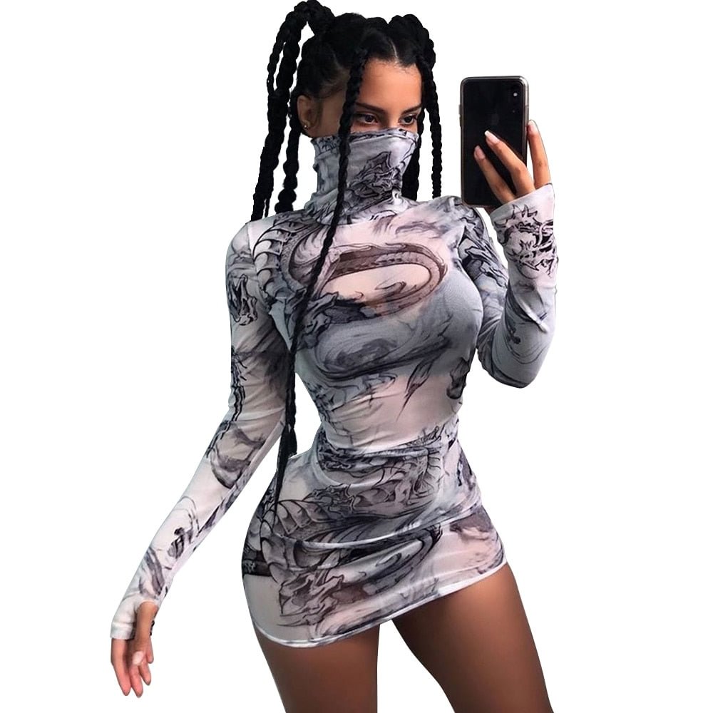 Nibber autumn Gothic print bodycon mini dress women street casual Basic stretch Slim mesh dress mujer2019 Harajuku leisure dress
