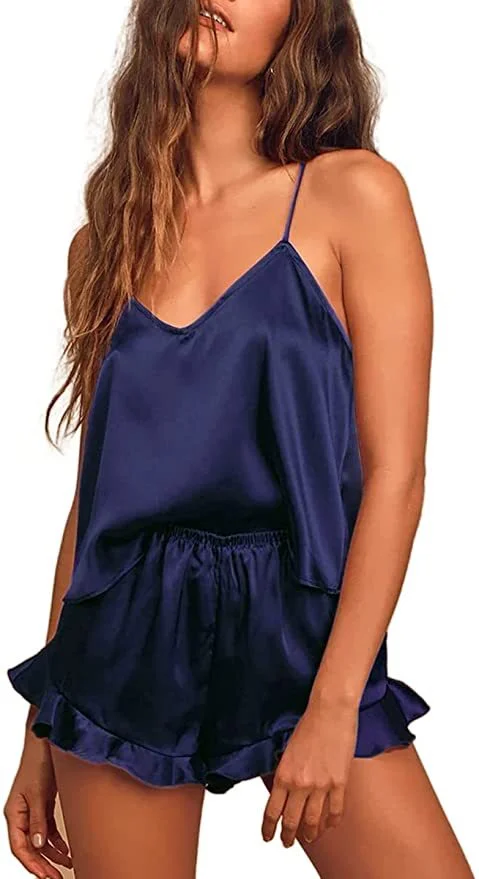 Churchf Women's Simulated Silk Pajamas Solid Color V-Neck Suspension Shorts Two-Piece Pajamas Sexy Fashion Homewear Set