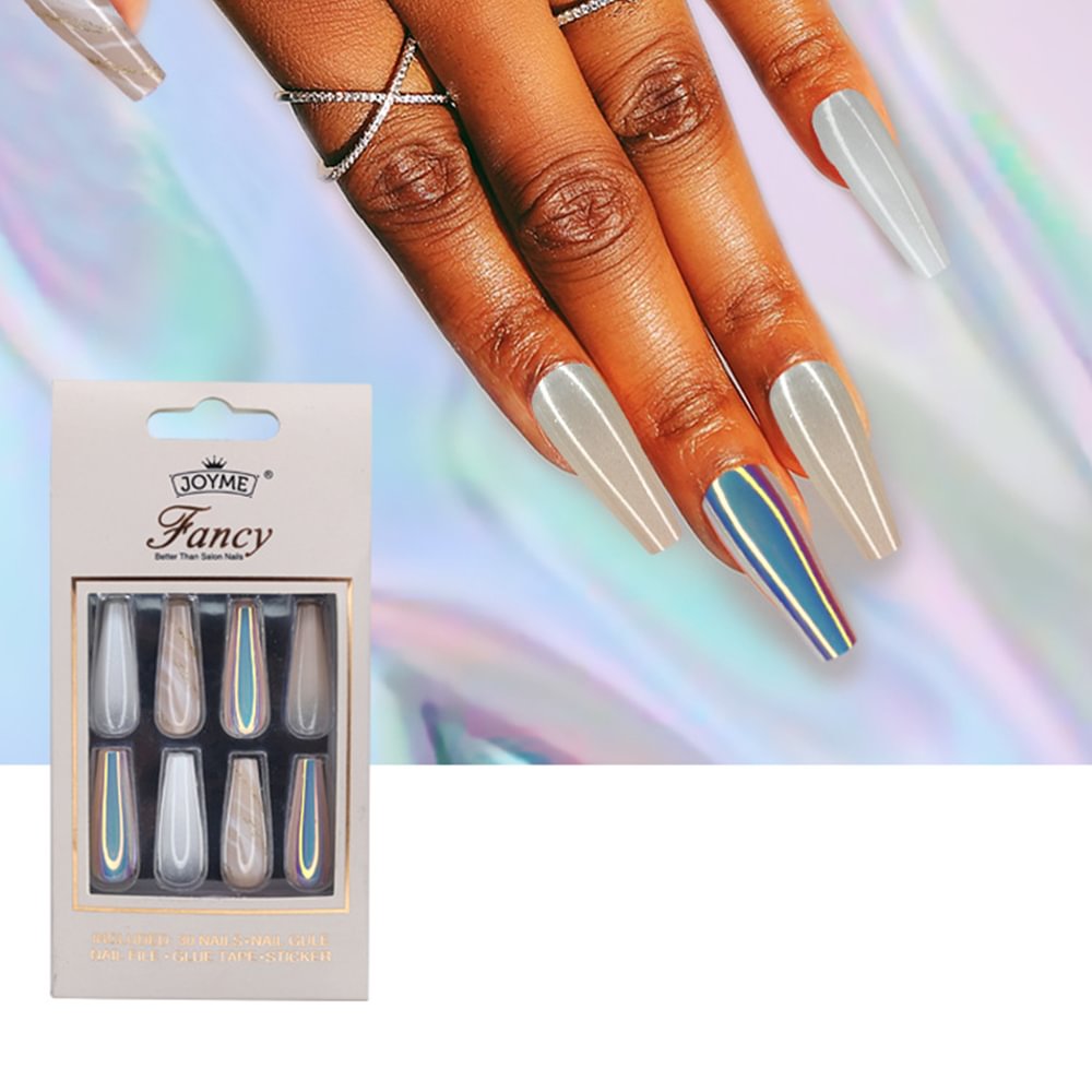 Shecustms™ 30Pcs White Marble Holographic Press On Nails Coffin Long Fake Nails