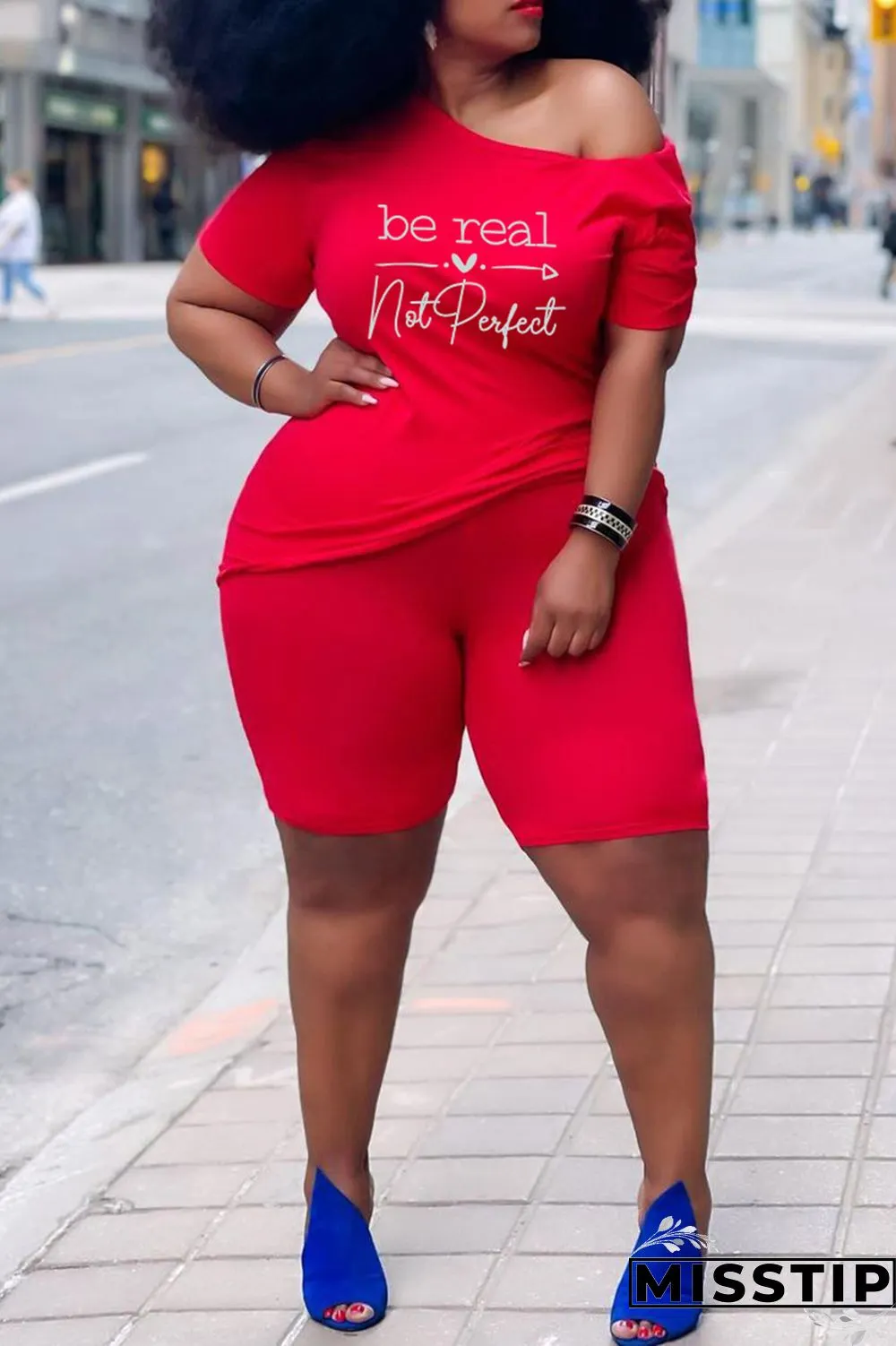 Red Fashion Casual Print Basic O Neck Plus Size Two Pieces