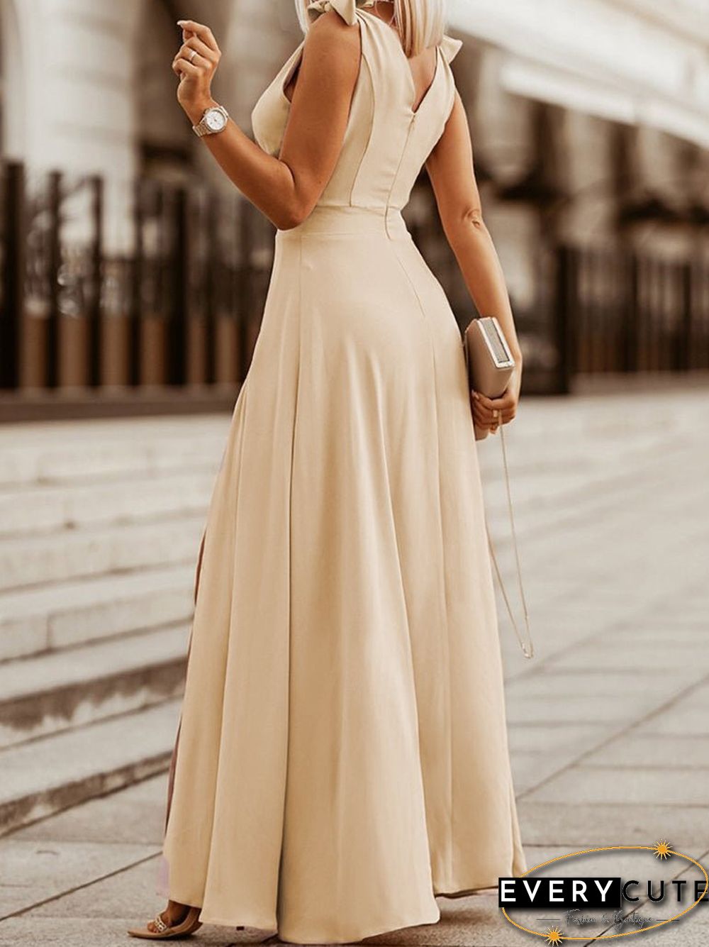 Women'S Dresses Solid V-Neck Tie Slit Sleeveless Dress