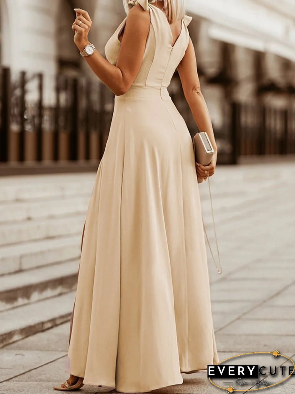 Women'S Dresses Solid V-Neck Tie Slit Sleeveless Dress