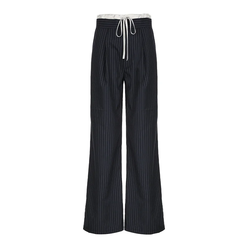 Ueong Waist Striped Straps Collision Color Design Feel Loose Simple Casual Straight Trousers Droop Feeling 100 Suit Trousers Girls