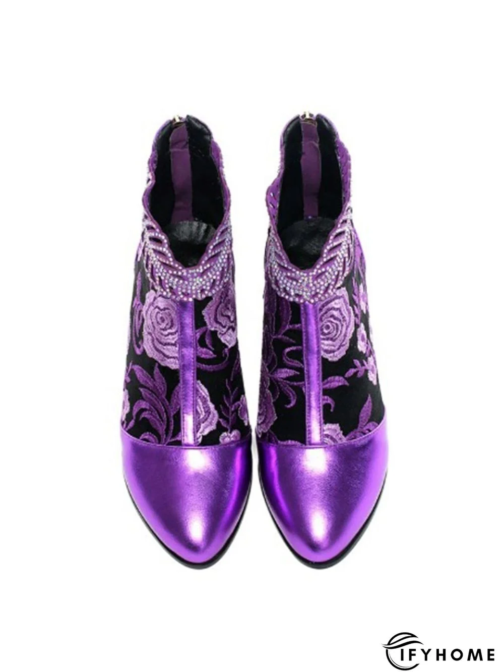 Retro Ethnic Embroidered Rhinestone Chunky Heel Zipper Boots | IFYHOME