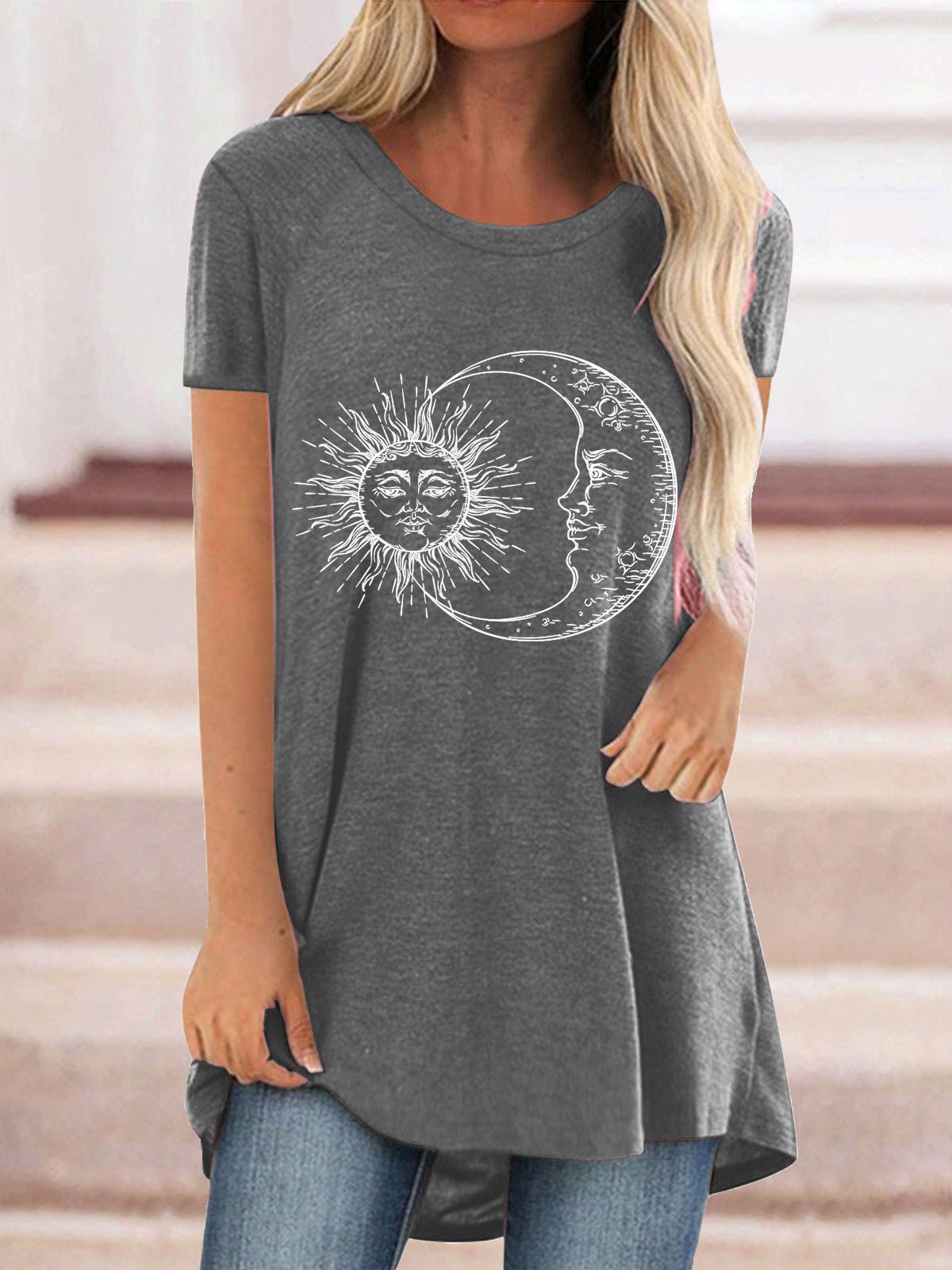 Women Casual Short Sleeve Scoop Neck Sun&Moon Floral Printed Tops