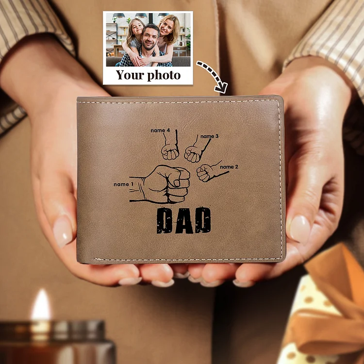Custom Men Leather Wallet Personalized Fist Bump Folding Wallet with 4 Names Father's Day Gift