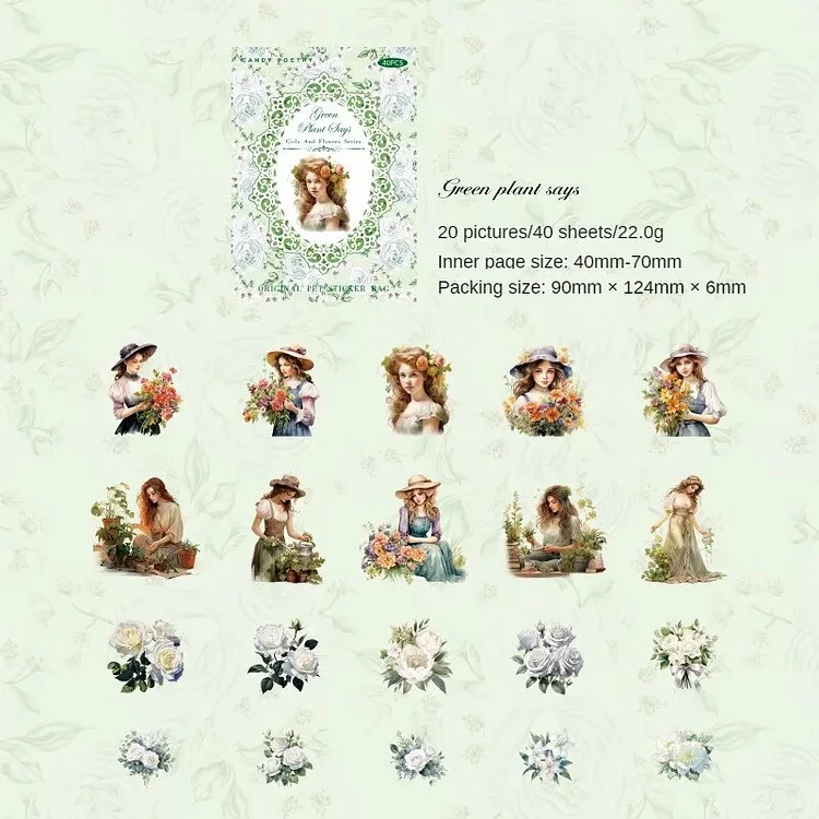 Journalsay 40 Pieces Retro Character Pet Stickers From The Girl And Flower Series