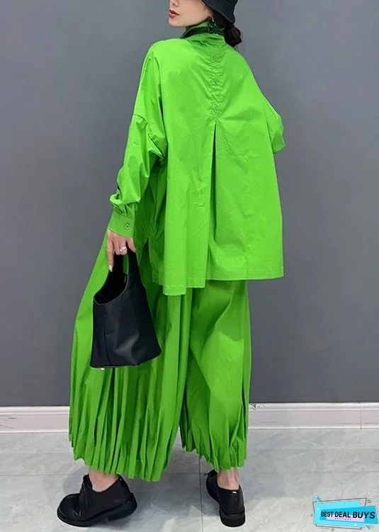 Stylish Green Asymmetrical Wrinkled Patchwork Cotton Two-Piece Set Fall