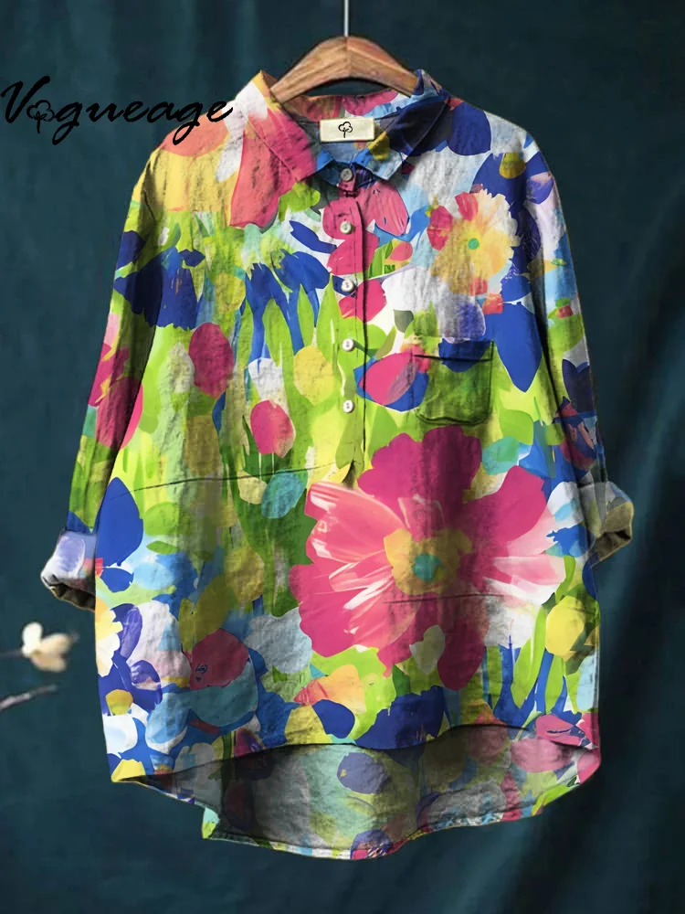 Women's Flower Print Casual Cotton And Linen Shirt