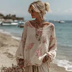 Women's Vintage Pink Rose Print Crew Neck Linen Blend T-shirt - Image 2