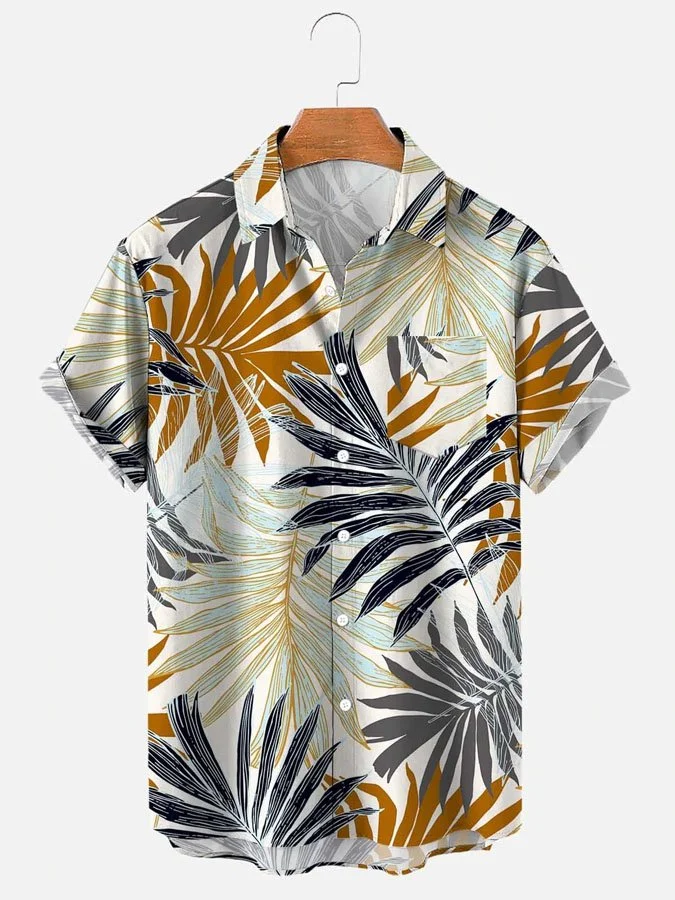 Men's Tropical Plant Leaf Print Casual Short Sleeve Hawaiian Shirt