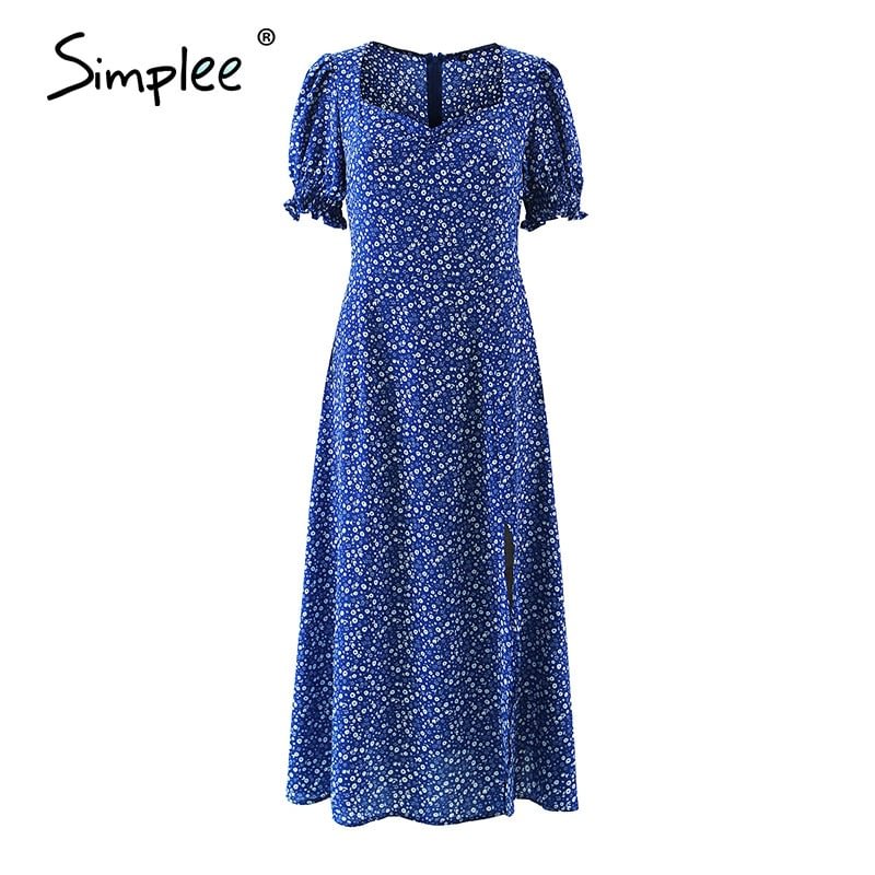 Simplee Sexy V-neck Split Summer Women Dress 2021 Fashion Blue Dot print Asymmetrical Midi Sundress Elegant Puff Sleeve Vestidos