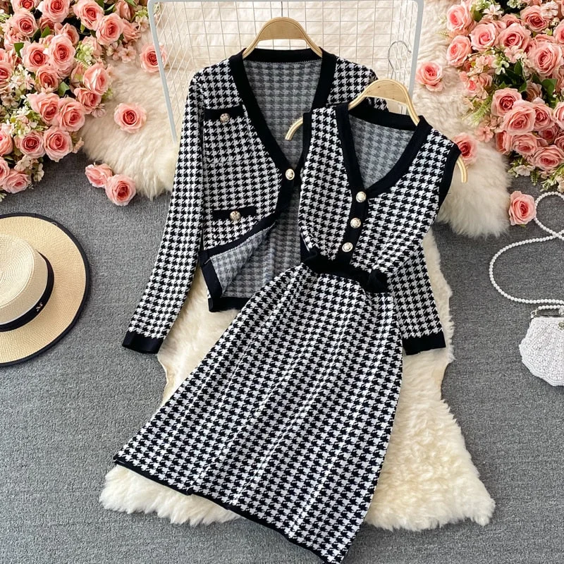 New 2021 Autumn Winter Knitting 2 Piece Set Women's Single-Breasted Cardigan Jacket Warm Sweater Jacket + Knitted Vest Dress