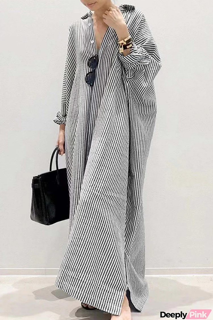Stripe Lapel Single-breasted Midi Dress
