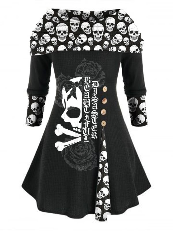 Skull Print Long Sleeve Contrast Dress Tops