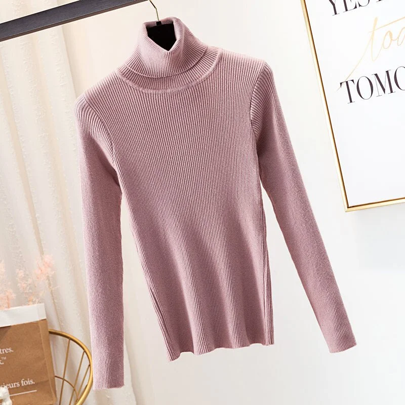 2020 Autumn Winter Thick Sweater Women Knitted Ribbed Pullover Sweater Long Sleeve Turtleneck Slim Jumper Soft Warm Pull Femme