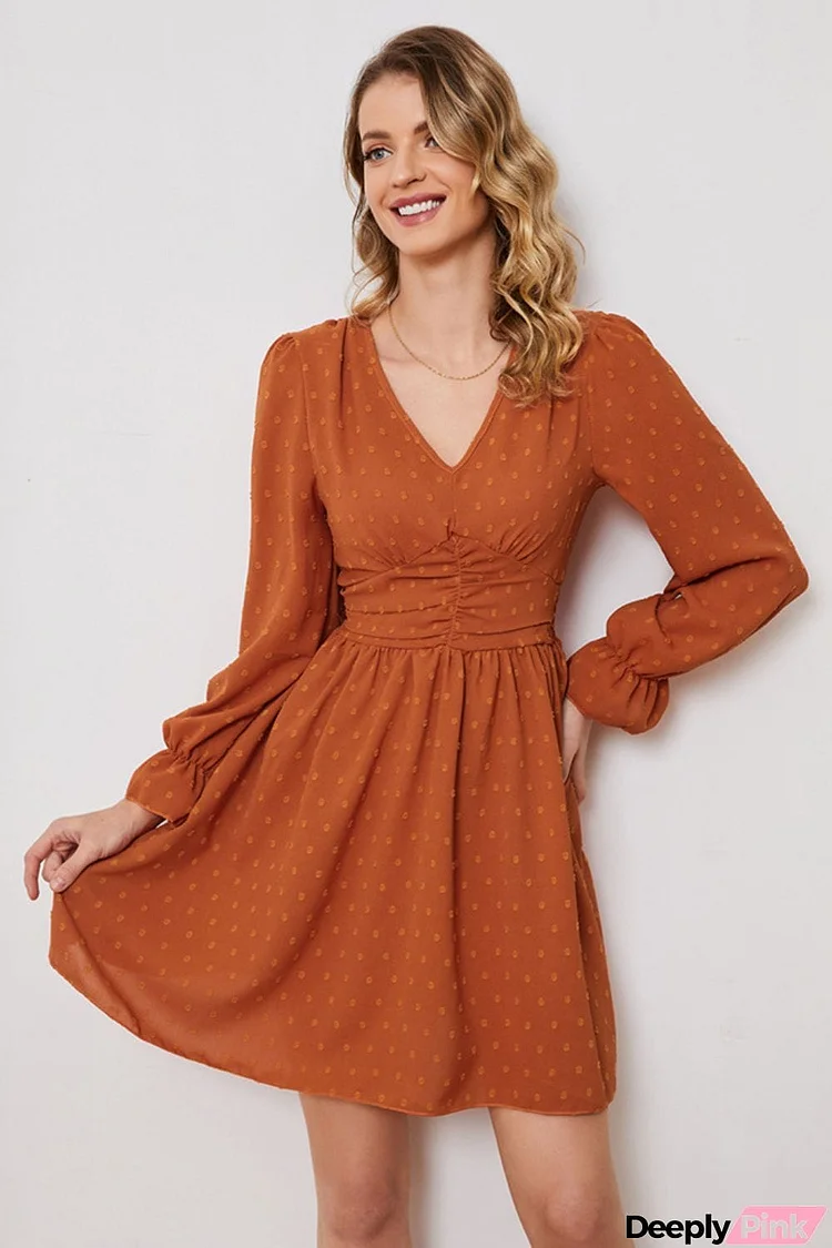 Swiss Dot Ruched V-Neck Flounce Sleeve Dress