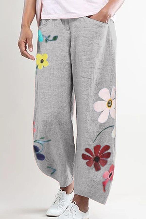 Floral Printed Loose Casual Linen Pants-luchamp:luchamp