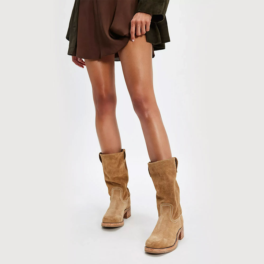 Elegent Brown Vegan Suede Round Toe Mid Calf Boots with Chunky Heel