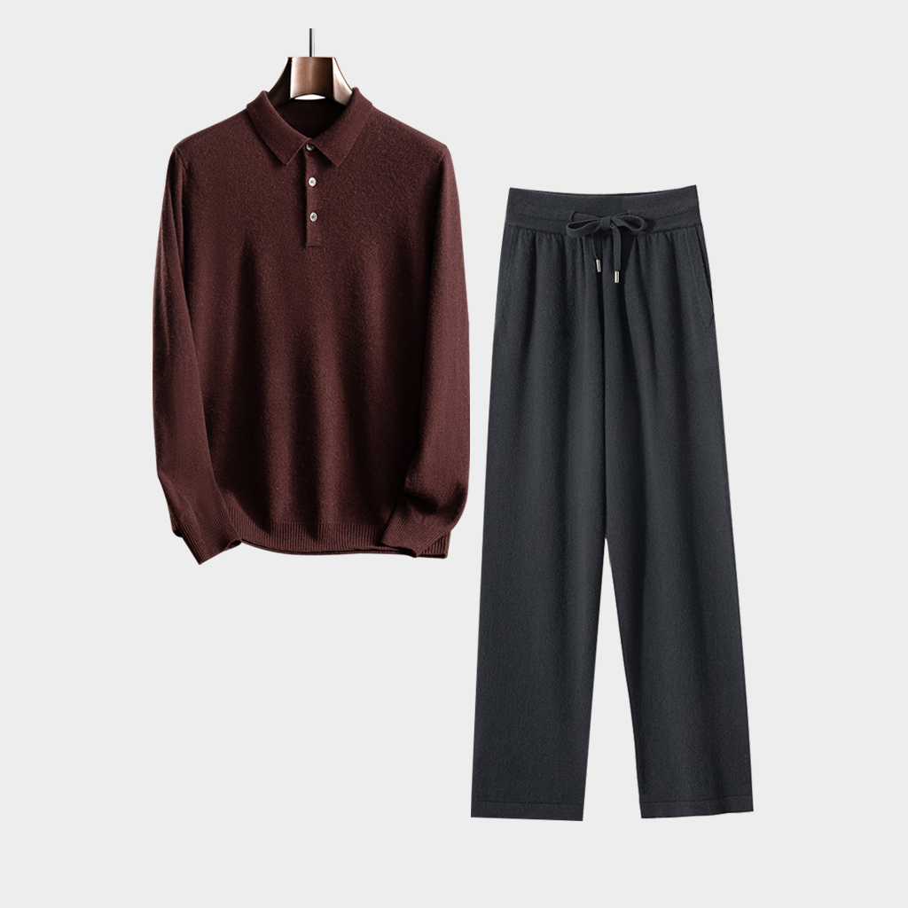 Men's Button-Down Collar Cashmere Sweater and Pants Set | Casual Wear REAL SILK LIFE