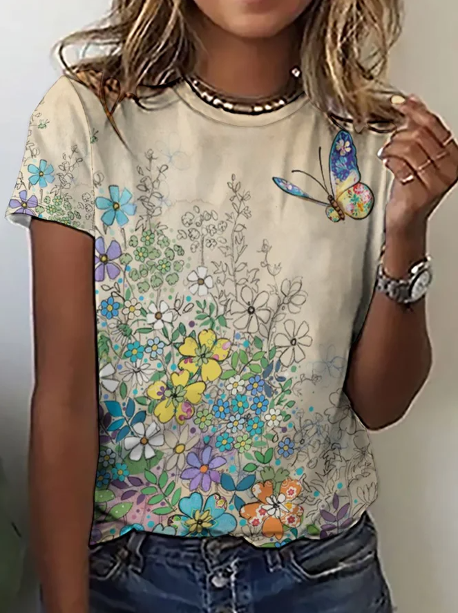 Women's Butterfly Flowers Printed T-shirt