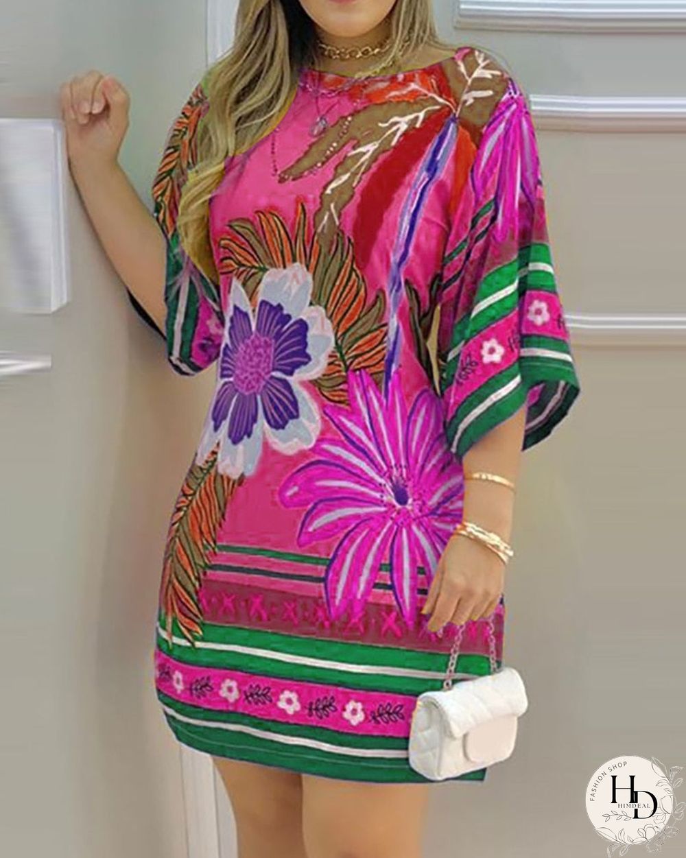 Summer Women's Mini Tropical Print Half Sleeve Casual Dress Round Neck Chic
