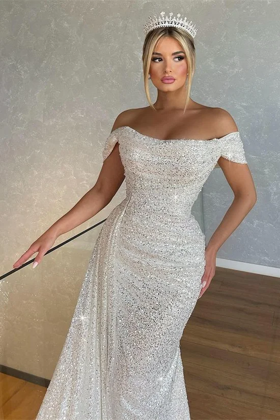 Charming Mermaid Off the Shoulder Blue Sequins Prom Dresses with Slit       fg2353 main image 1