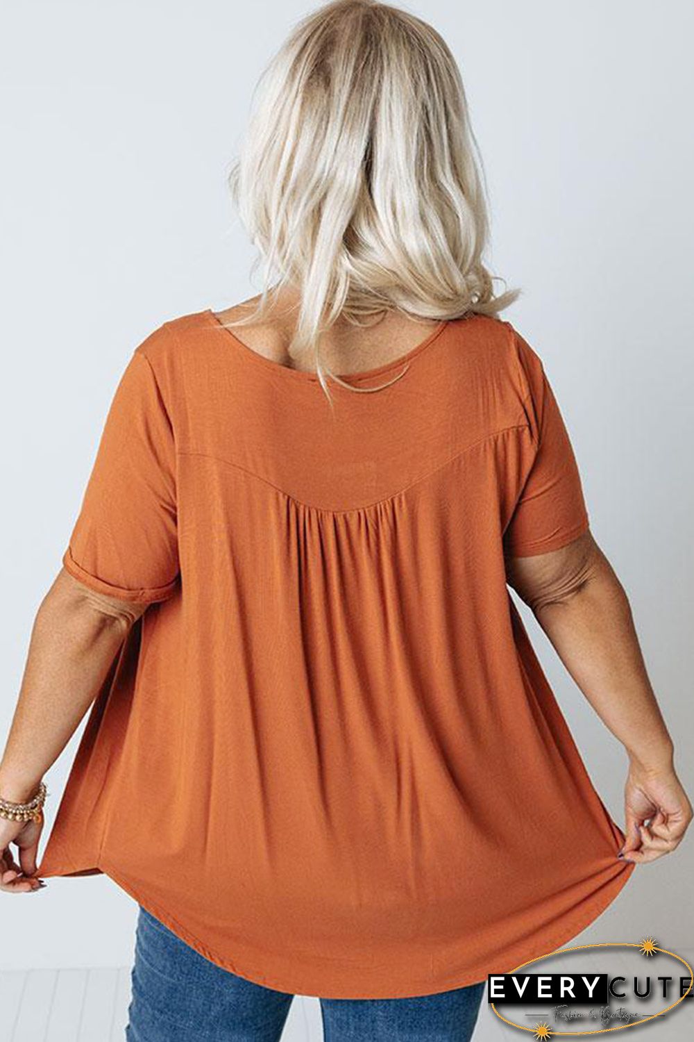 Orange Buttons Ruched O Neck Short Sleeve Plus Size Top