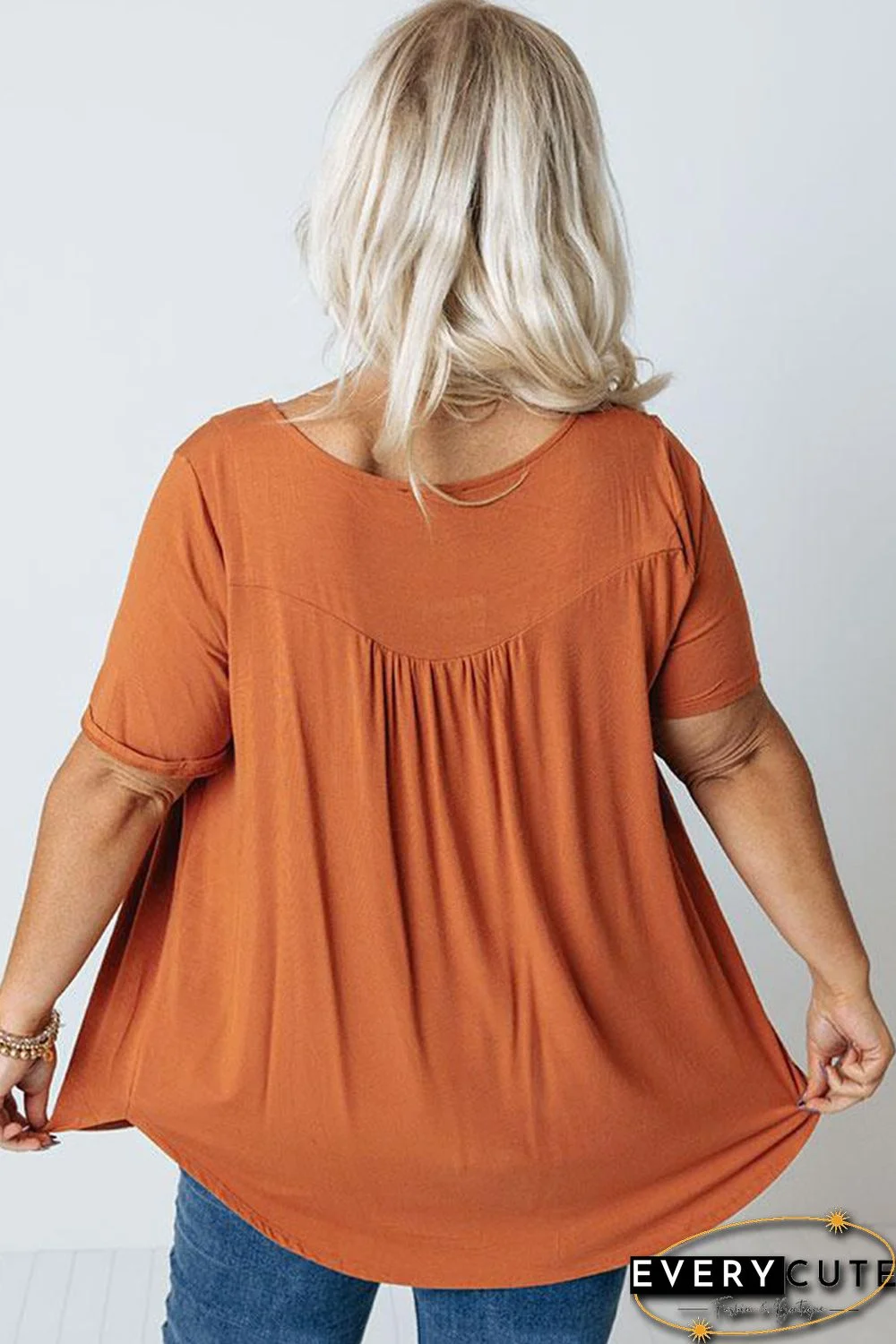 Orange Buttons Ruched O Neck Short Sleeve Plus Size Top