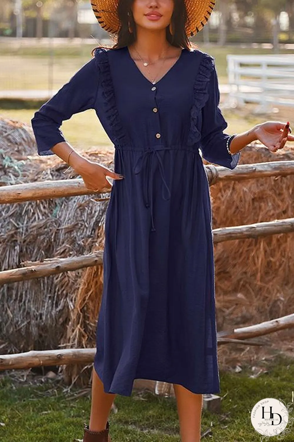 Bohemia Drawstring Waist Ruffle Holiday Dress