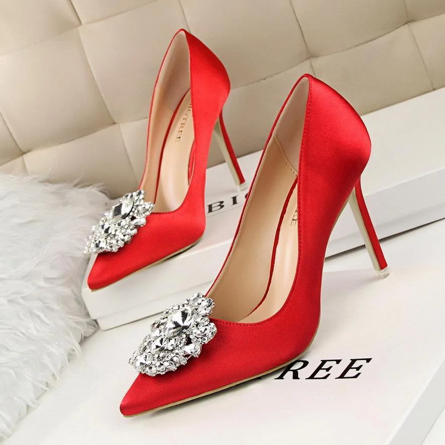 Sexy stiletto high heel shallow pointed toe rhinestone buckle single shoes