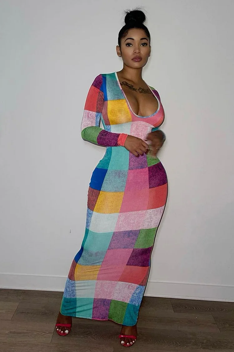 Deep U Neck Colorblock Plaid Print Long Sleeve Maxi Dresses