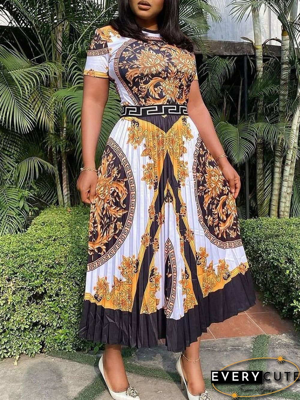 Large Fashion High Waist Long Skirt Print Temperament Commuter Pleated Dress