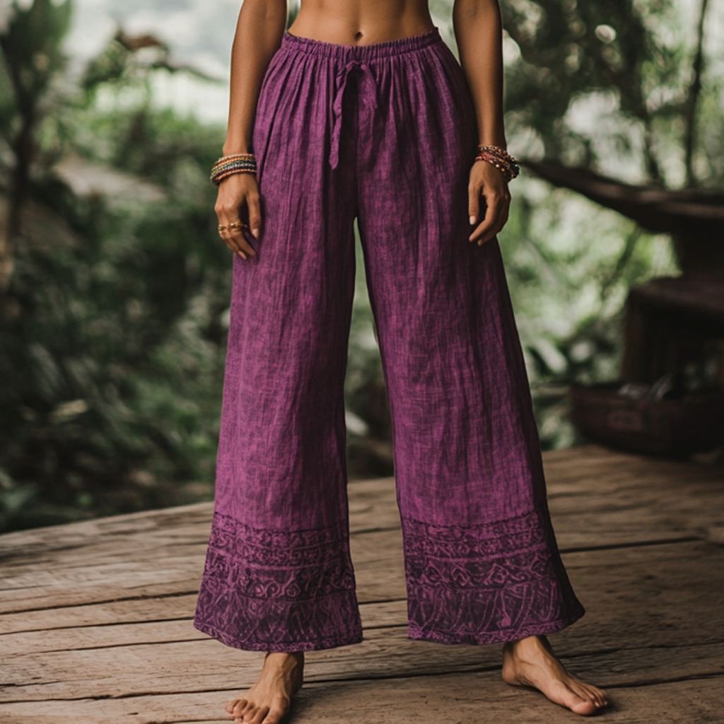 Comstylish Bohemian Holiday Style Linen Bohemian Floral Print Linen Long Loose Wide-leg Pants
