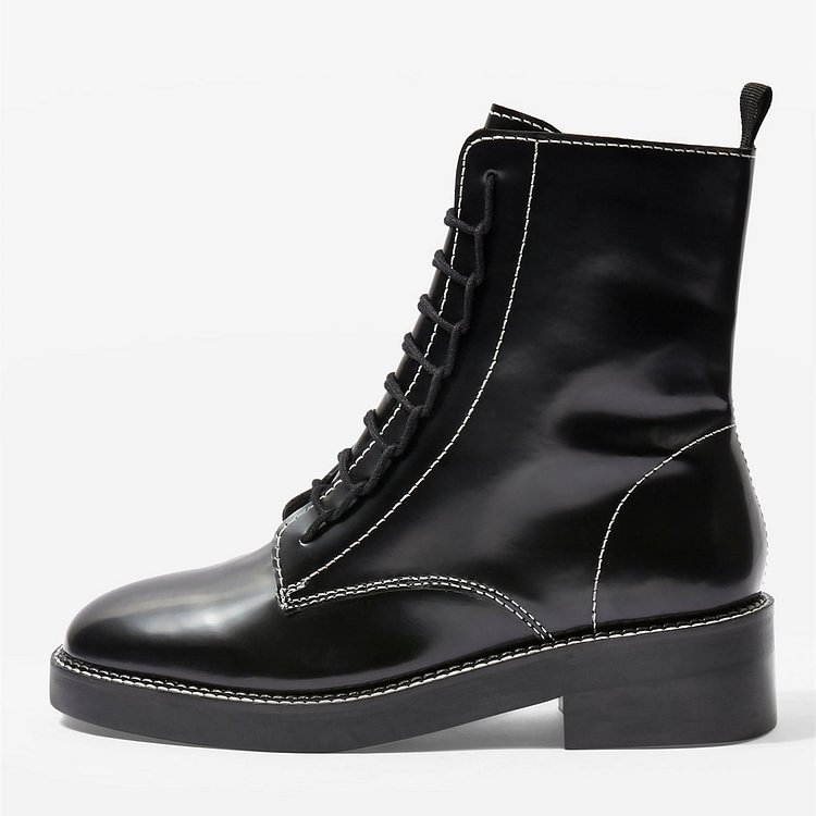 Black Combat Boots Lace Up Round Toe Ankle Boots |FSJ Shoes