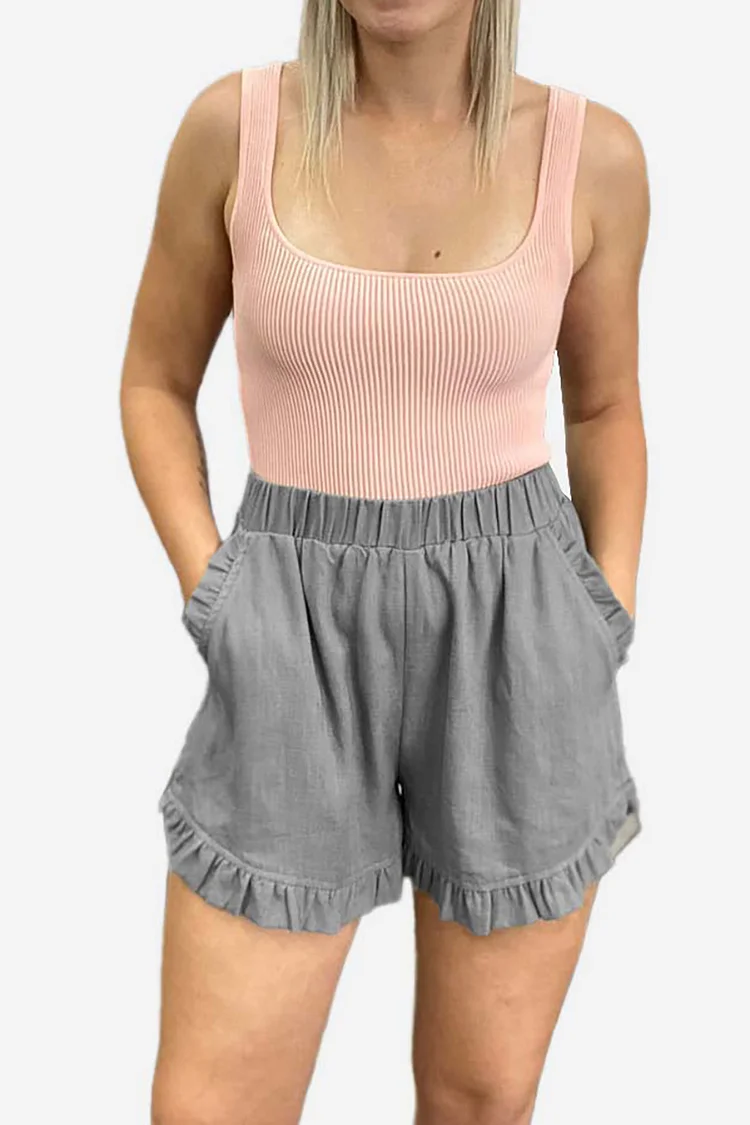 Ruffle Hem Pocket Casual Linen Shorts