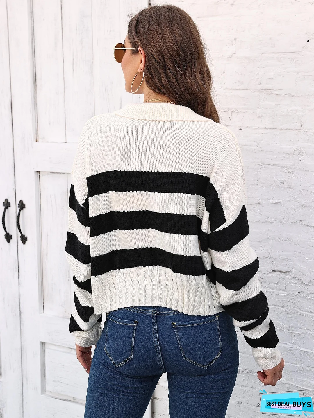 Striped V Neck Pullover Sweater, Casual Long Sleeve Drop Shoulder Sweater, Women's Clothing
