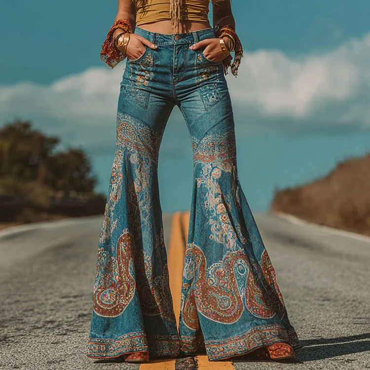 Ursime Boho Paisley Pattern Denim Bell Bottom Jeans