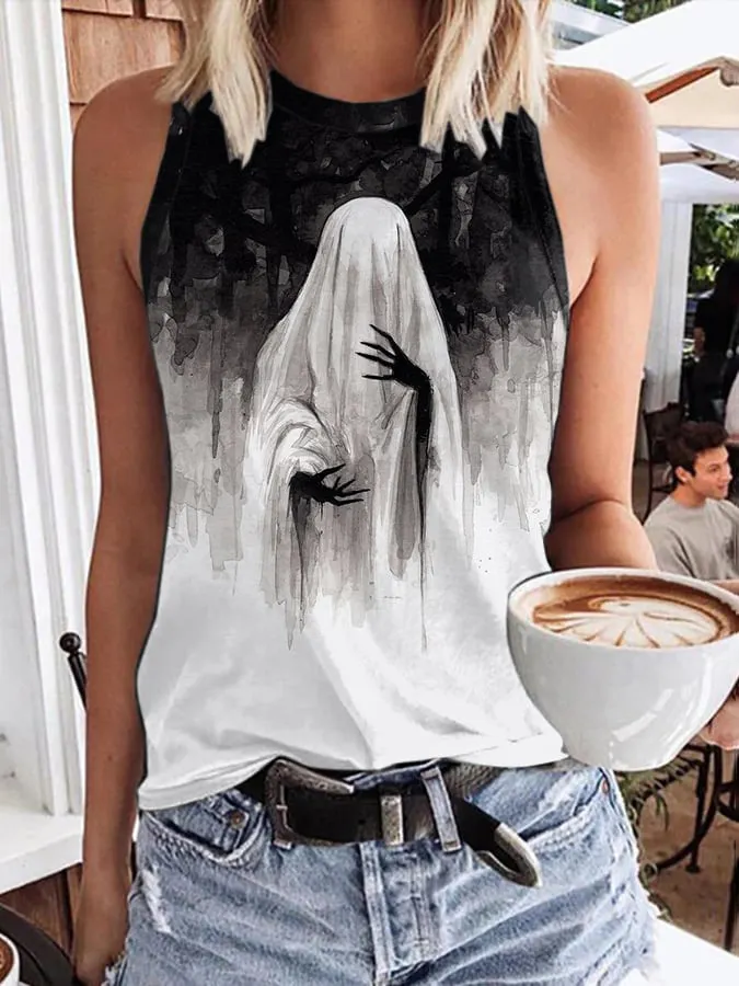 Women's Vintage Ghost Art Print Sleeveless Tank Top