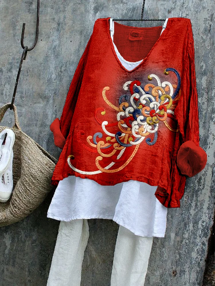 Wearshes Embroidered Japanese Flower Art Linen Blend Tunic
