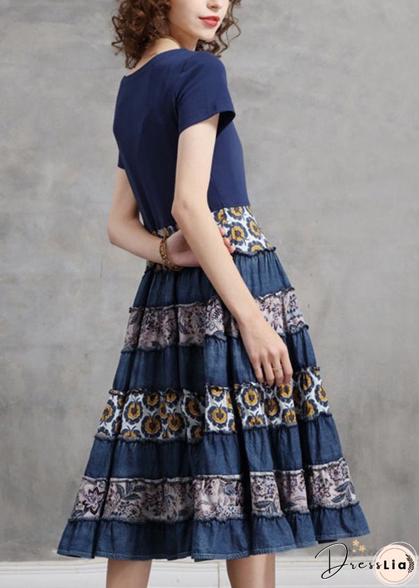 Women Blue O-Neck Patchwork Cotton Vacation Pleated Dresses Short Sleeve