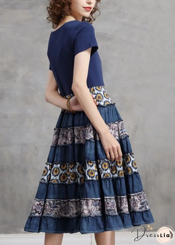 Women Blue O-Neck Patchwork Cotton Vacation Pleated Dresses Short Sleeve