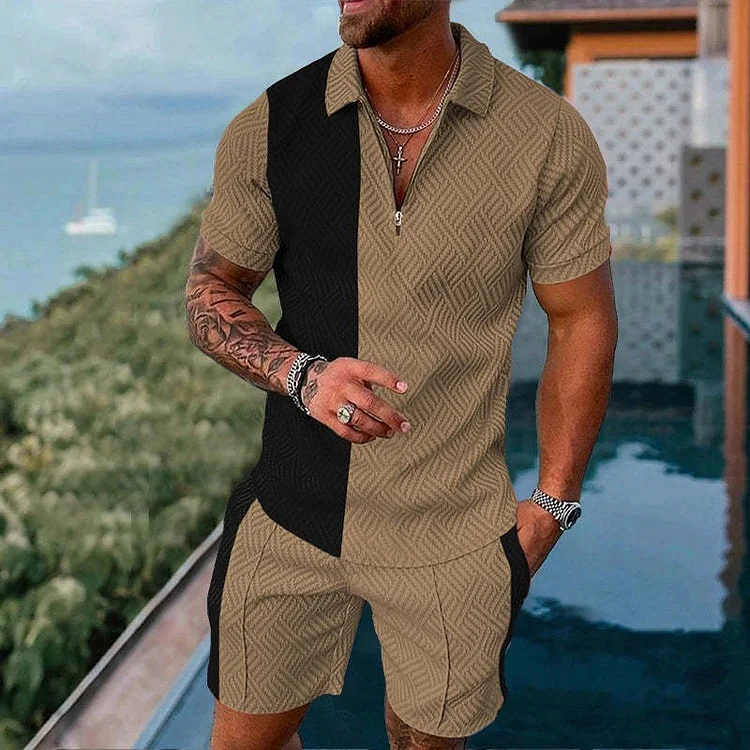 BrosWear Khaki Color Contrast Polo Shirt And Shorts Co-Ord