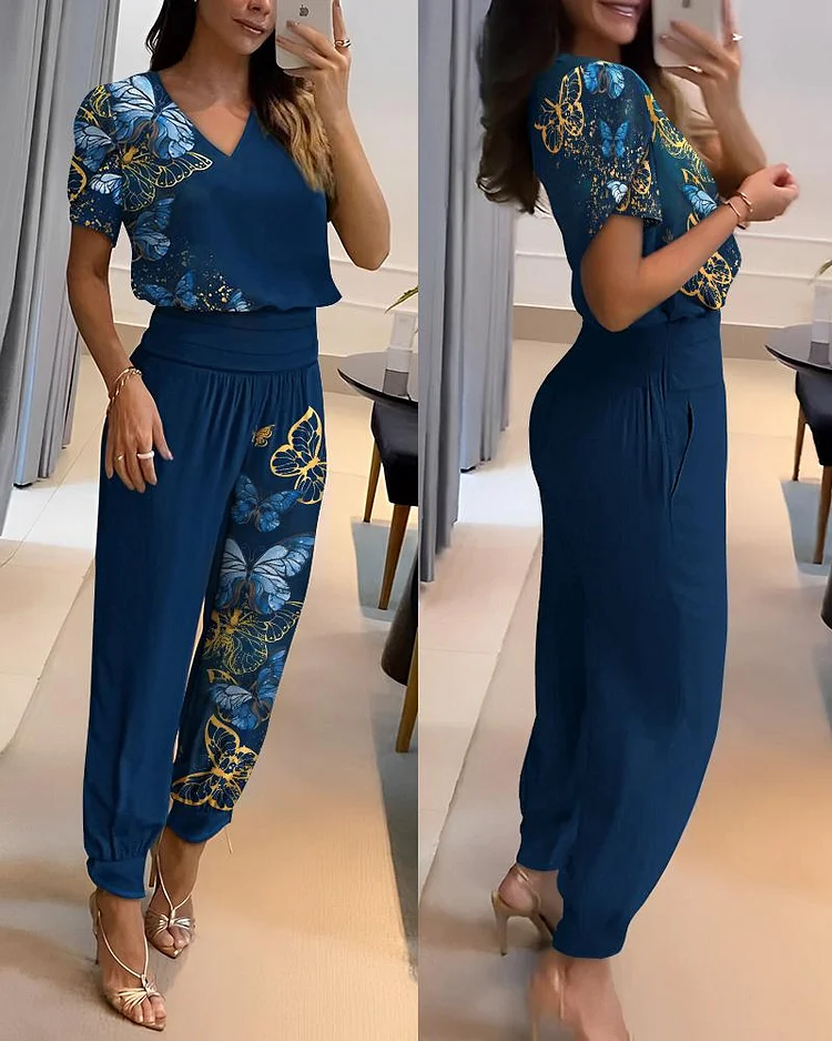 Tropical Print Puff Sleeve Top & High Waist Cuffed Pants Set