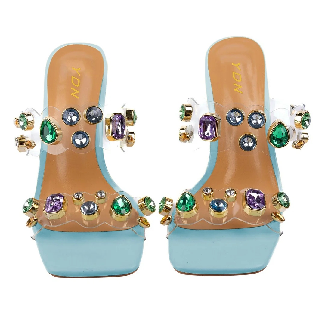 Sky Blue Leather Square Toe Rhinestone Embellished Clear Band Heels   