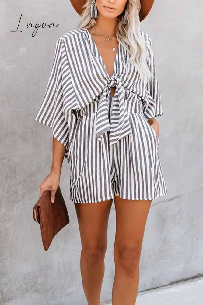 Ingvn - Striped Short Sleeve Loose Jumpsuit S / Grey Jumpsuits