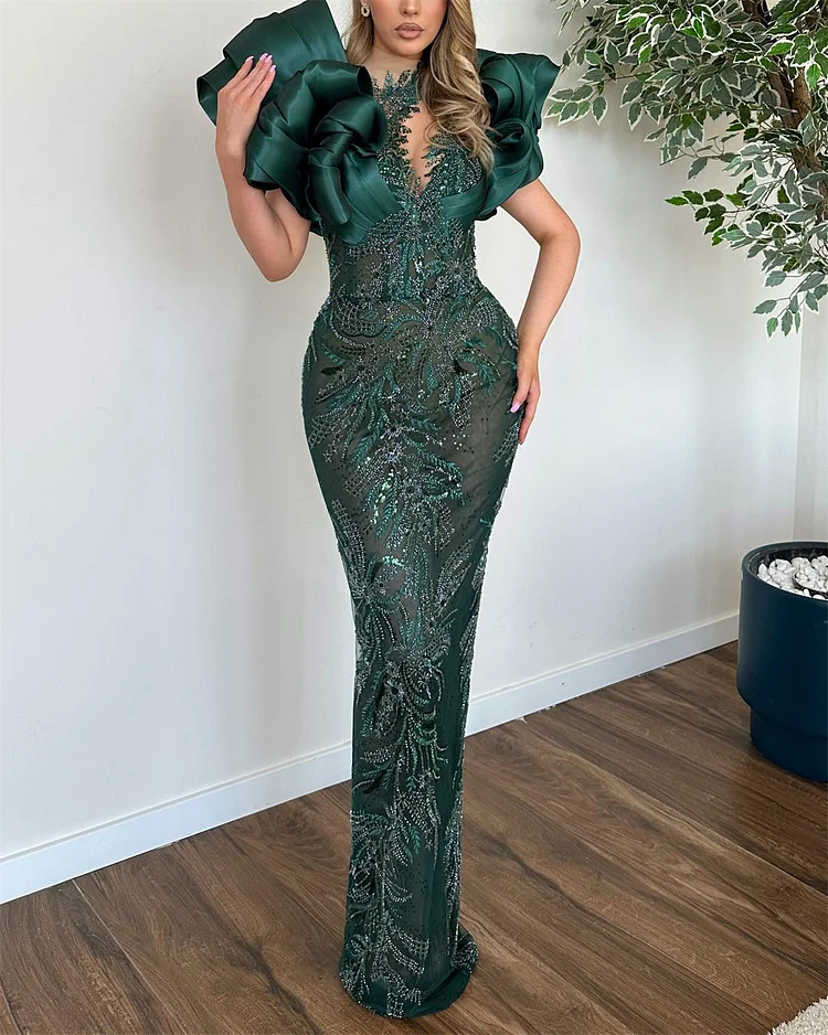 Women's Green Embroidered Sequin Dress - 01