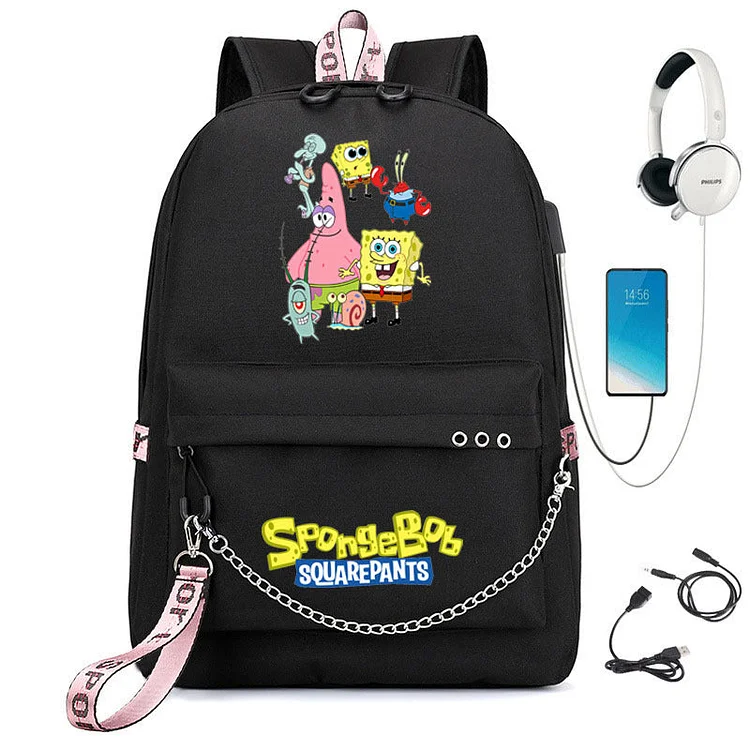 Mayoulove Square Pants Sponge Bob  Shool Bag Backpack USB Charging Students Notebook Bag for Kids Gifts-Mayoulove