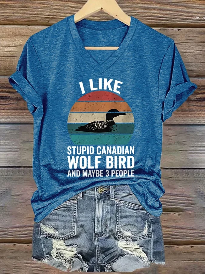 Women's casual Canadian wolf and bird T-shirt  socialshop