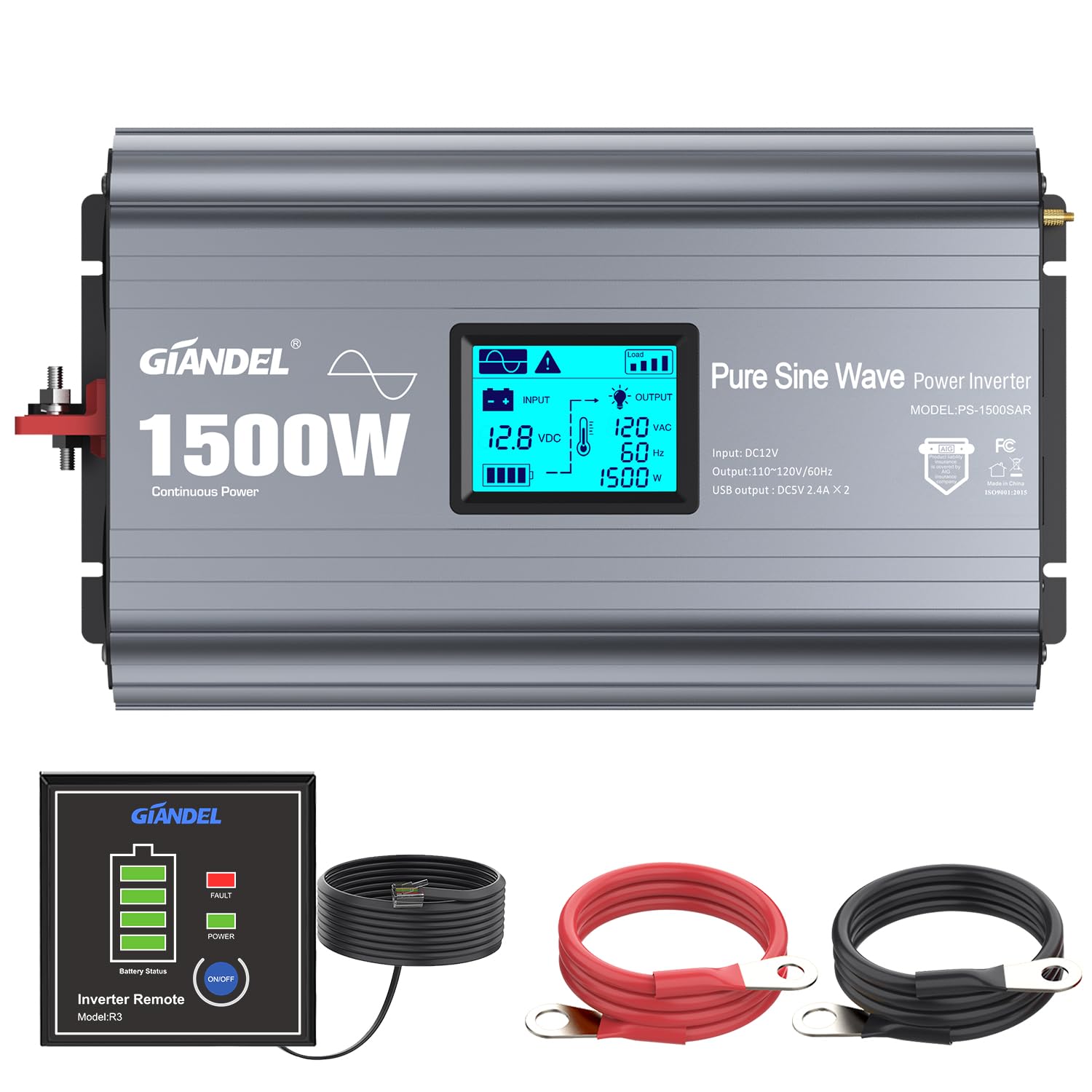 【FOR USA】Used - Very Good Power Inverter 1500W   12V DC  to  110 120V AC  
